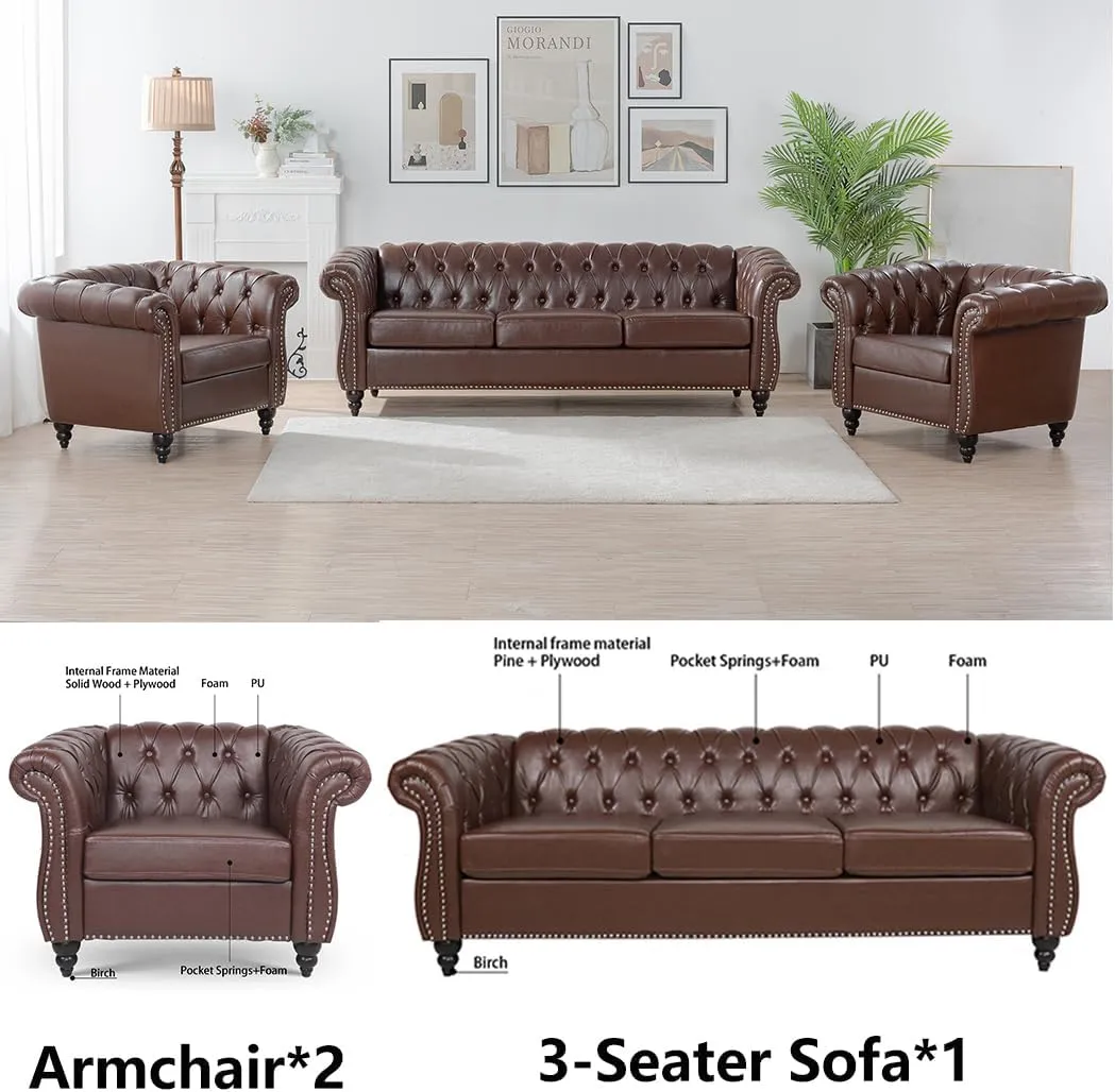 3-Pieces Sofa Sets Chesterfield Sofa Leather (3-Seater*1 Armchair*2), Couch Rolled Arm Tufted Back Upholstery Nailhead Trim Couches for Living Room Office Meeting Room (Dark Brown)