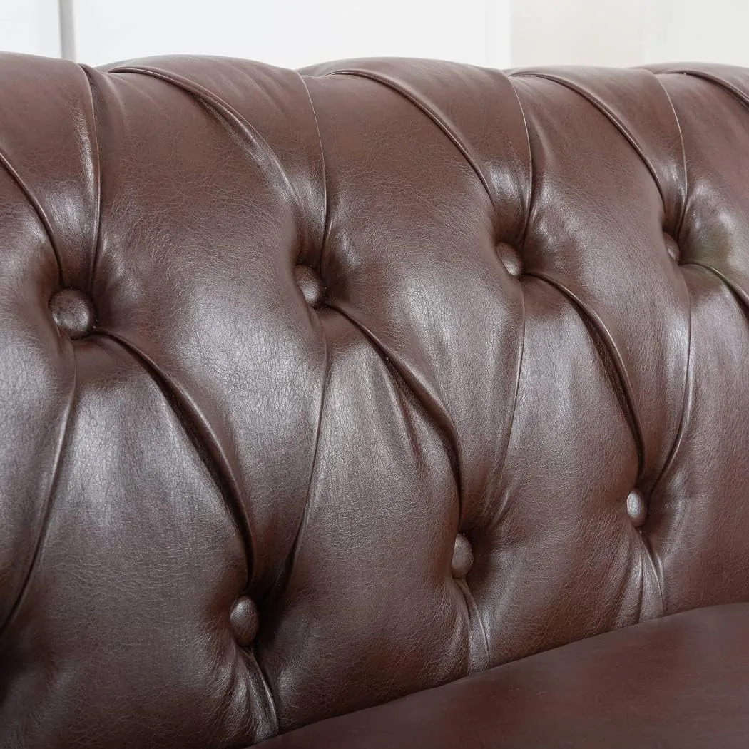 3-Pieces Sofa Sets Chesterfield Sofa Leather (3-Seater*1 Armchair*2), Couch Rolled Arm Tufted Back Upholstery Nailhead Trim Couches for Living Room Office Meeting Room (Dark Brown)