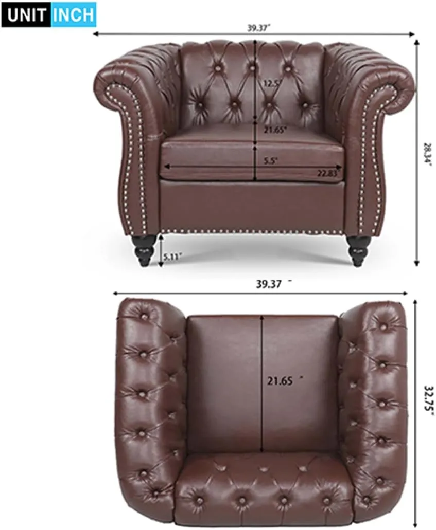 3-Pieces Sofa Sets Chesterfield Sofa Leather (3-Seater*1 Armchair*2), Couch Rolled Arm Tufted Back Upholstery Nailhead Trim Couches for Living Room Office Meeting Room (Dark Brown)