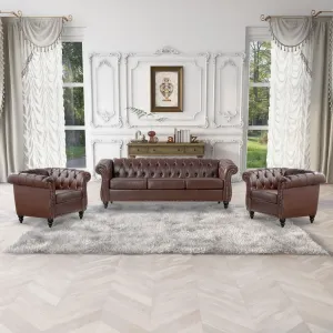 3-Pieces Sofa Sets Chesterfield Sofa Leather (3-Seater*1 Armchair*2), Couch Rolled Arm Tufted Back Upholstery Nailhead Trim Couches for Living Room Office Meeting Room (Dark Brown)