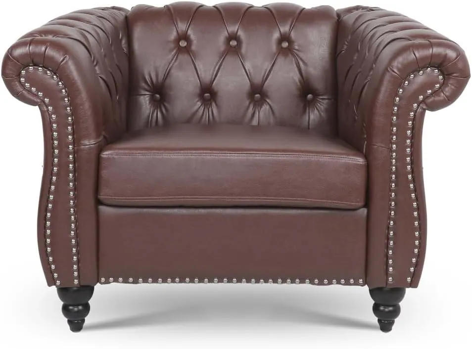 3-Pieces Sofa Sets Chesterfield Sofa Leather (3-Seater*1 Armchair*2), Couch Rolled Arm Tufted Back Upholstery Nailhead Trim Couches for Living Room Office Meeting Room (Dark Brown)