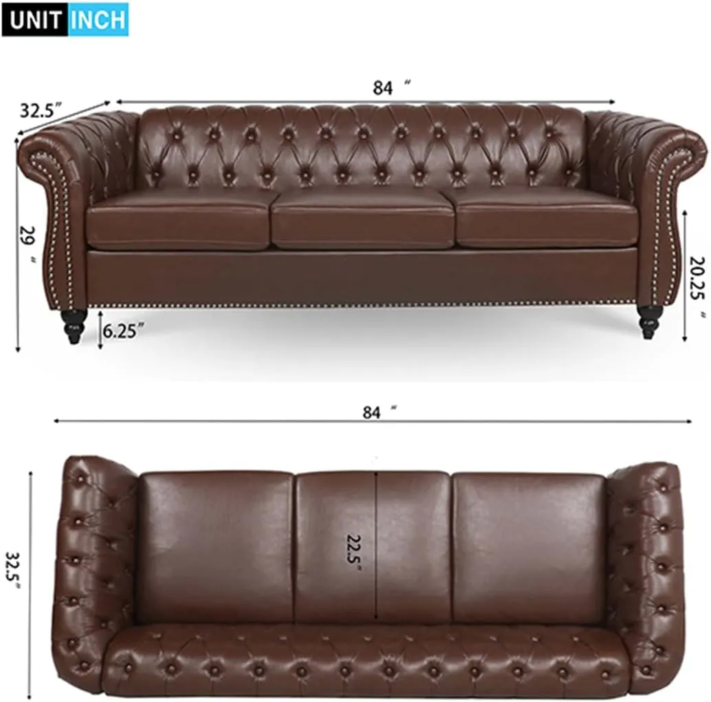 3-Pieces Sofa Sets Chesterfield Sofa Leather (3-Seater*1 Armchair*2), Couch Rolled Arm Tufted Back Upholstery Nailhead Trim Couches for Living Room Office Meeting Room (Dark Brown)