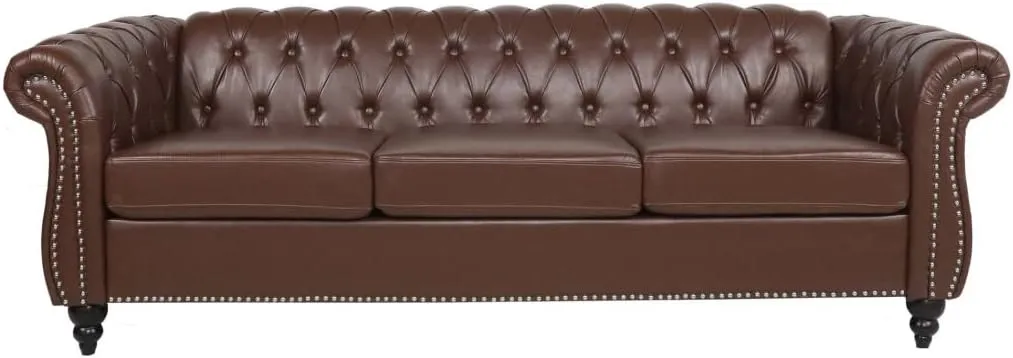 3-Pieces Sofa Sets Chesterfield Sofa Leather (3-Seater*1 Armchair*2), Couch Rolled Arm Tufted Back Upholstery Nailhead Trim Couches for Living Room Office Meeting Room (Dark Brown)
