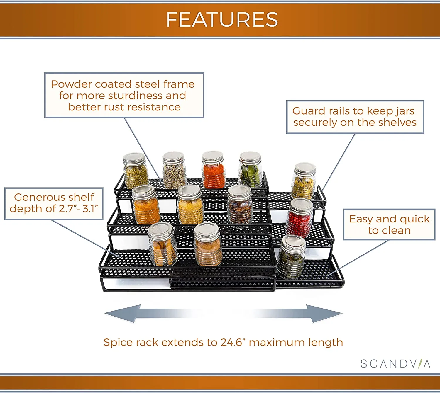 3-Tier Spice Rack Organizer for Cabinet and Countertop - Modern Kitchen Spice Organizer with Expandable Storage