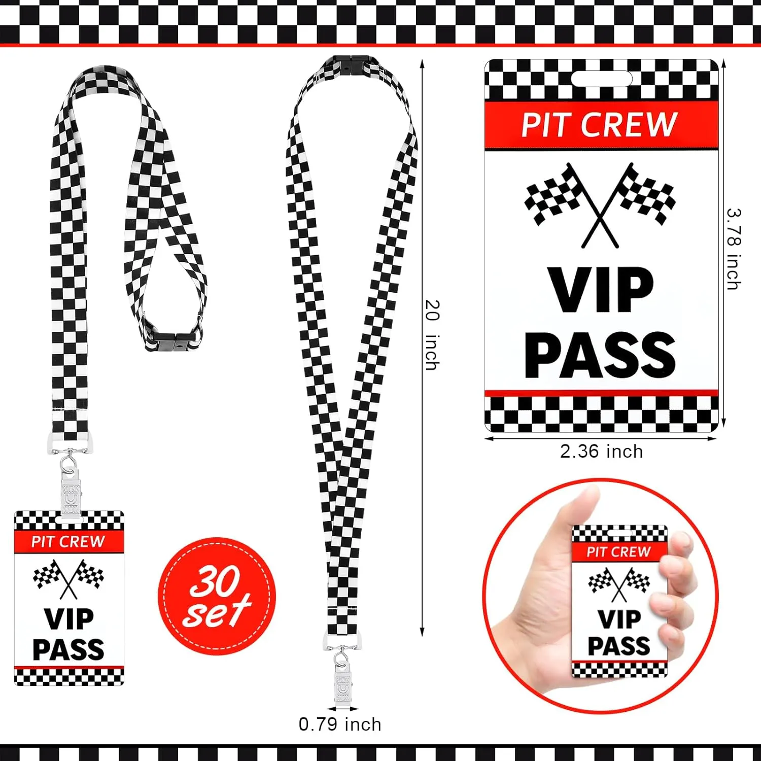 30 Sets Racing VIP Pass Cards with Checkered Racing Lanyards Bulk PVC VIP Pass Cards with Lanyards for Event Gamer Race Car Theme Birthday Party Fast One Party Supplies