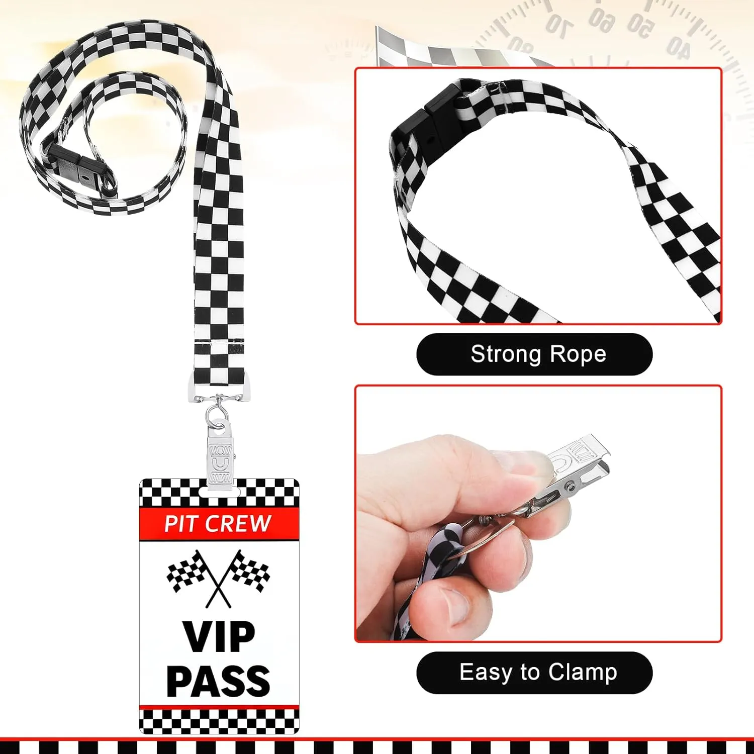 30 Sets Racing VIP Pass Cards with Checkered Racing Lanyards Bulk PVC VIP Pass Cards with Lanyards for Event Gamer Race Car Theme Birthday Party Fast One Party Supplies