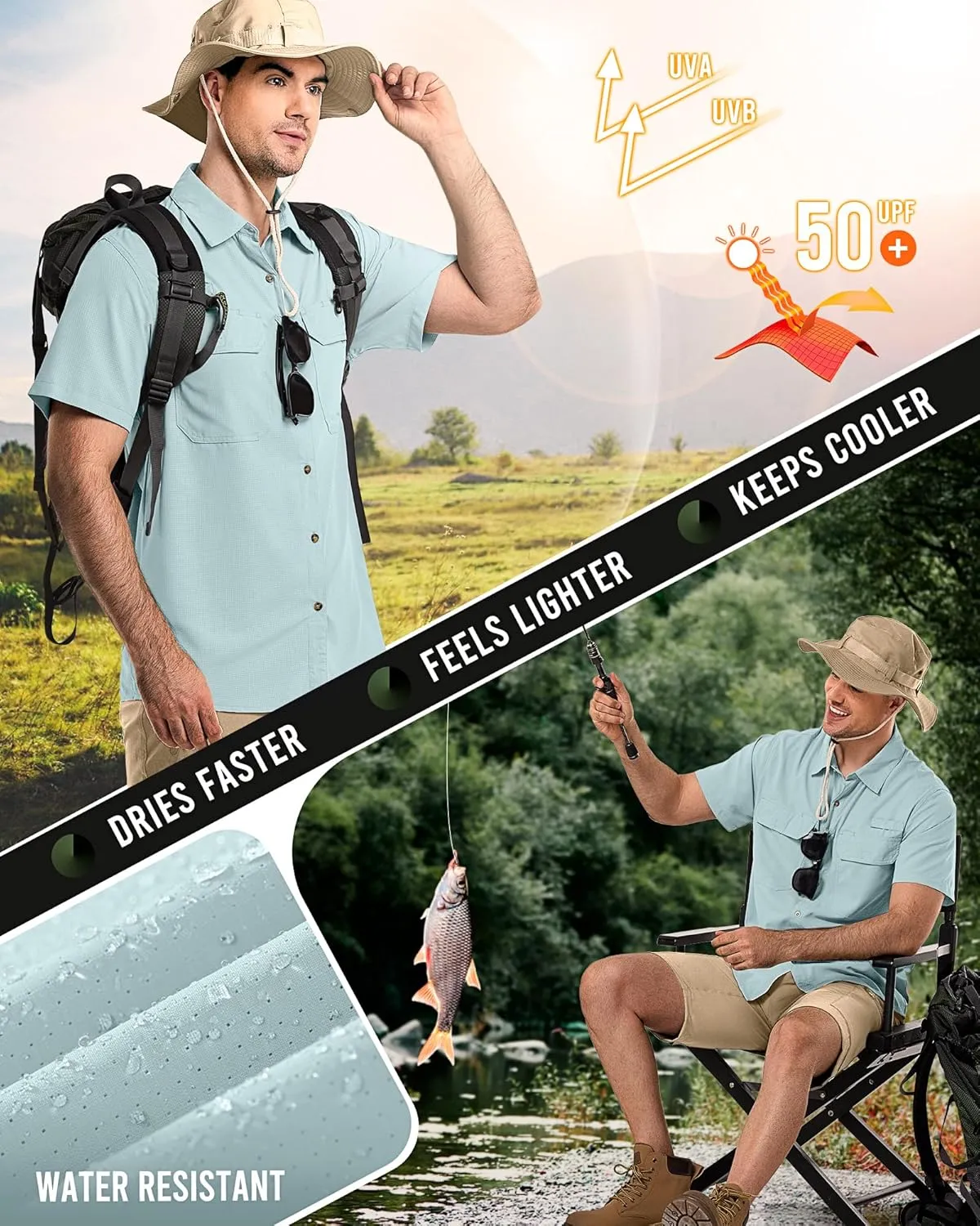 33,000ft Men's UPF 50  UV Short Sleeve Hiking Fishing Shirt Quick Dry Cooling PFG Sun Protection Shirt for Travel Safari
