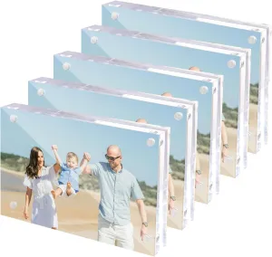4x6 Acrylic Frame 5 Pack, 20mm Magnetic Acrylic Block Picture Frame, Transparent Square Frame, Double Sided Display, Frameless Desktop Display, Self Standing Magnetic Block Photo Frames