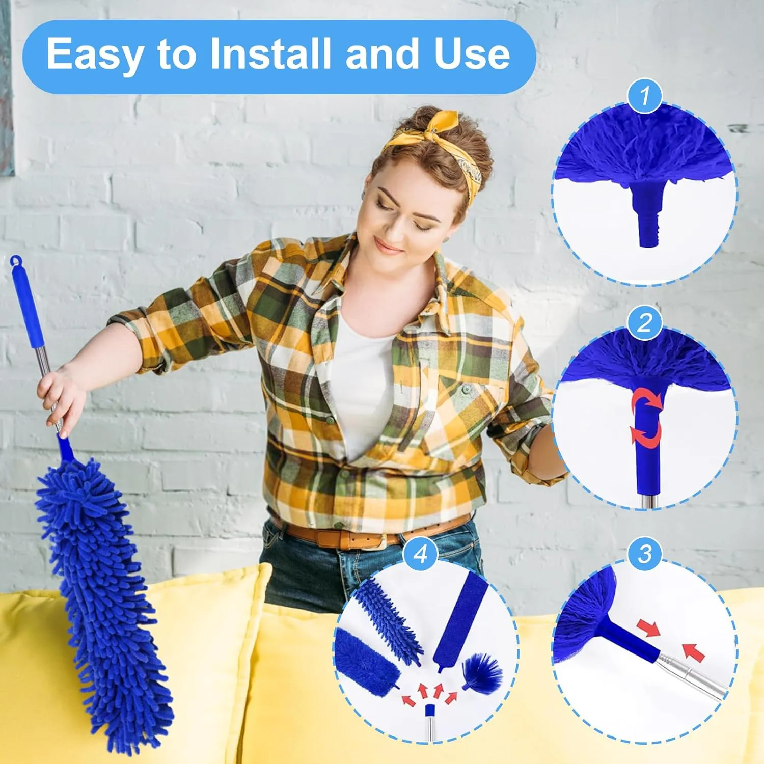 5-in-1 Kit Dusters for Cleaning, Duster with Extension Pole, Extendable Duster with 100 Inches, Microfiber Dusters, Webster Cobweb Duster for Cleaning Ceiling Fans, Furniture, Blinds - Blue