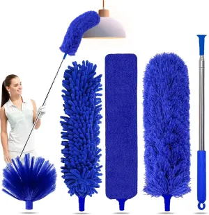 5-in-1 Kit Dusters for Cleaning, Duster with Extension Pole, Extendable Duster with 100 Inches, Microfiber Dusters, Webster Cobweb Duster for Cleaning Ceiling Fans, Furniture, Blinds - Blue