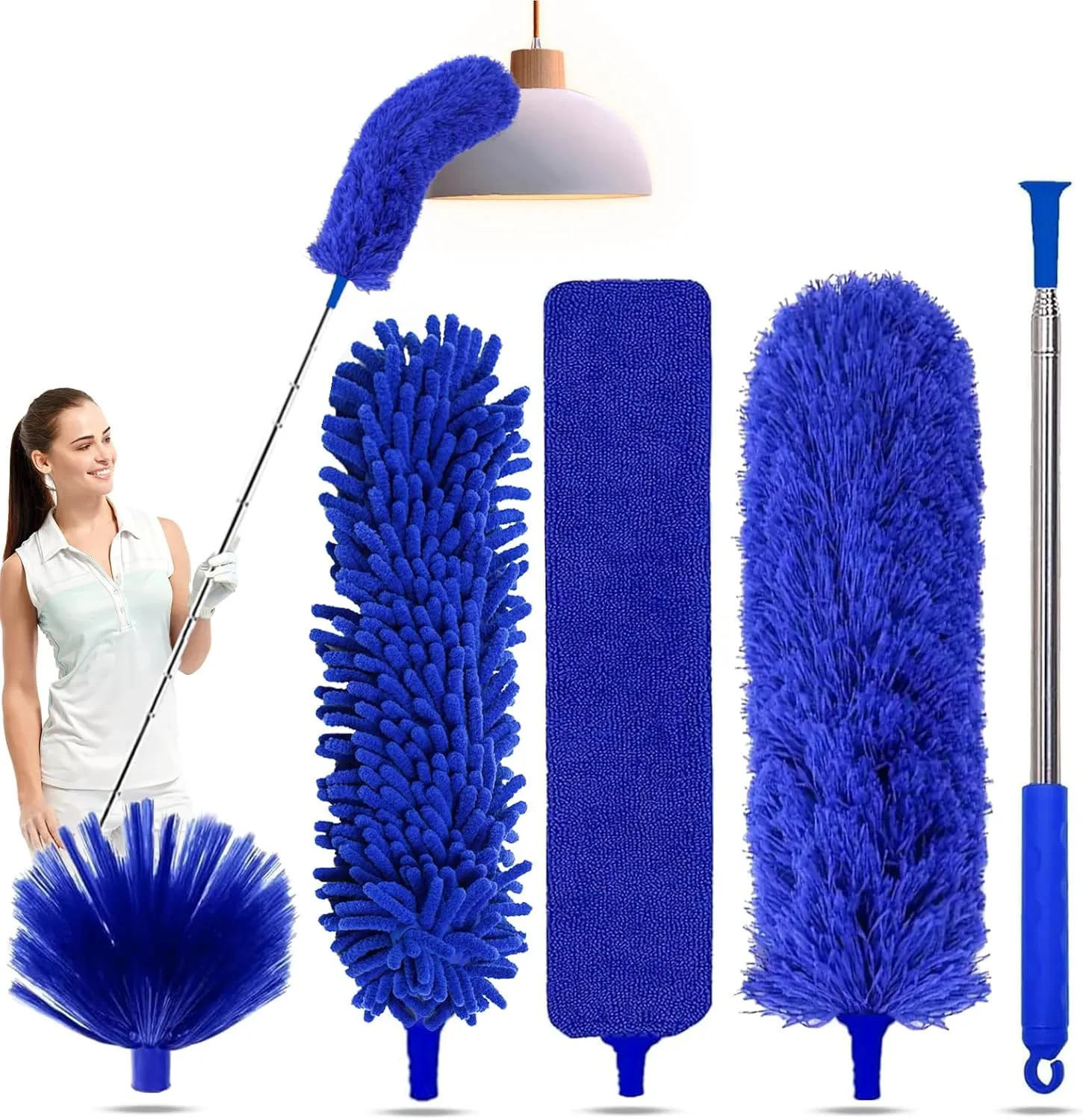 5-in-1 Kit Dusters for Cleaning, Duster with Extension Pole, Extendable Duster with 100 Inches, Microfiber Dusters, Webster Cobweb Duster for Cleaning Ceiling Fans, Furniture, Blinds - Blue