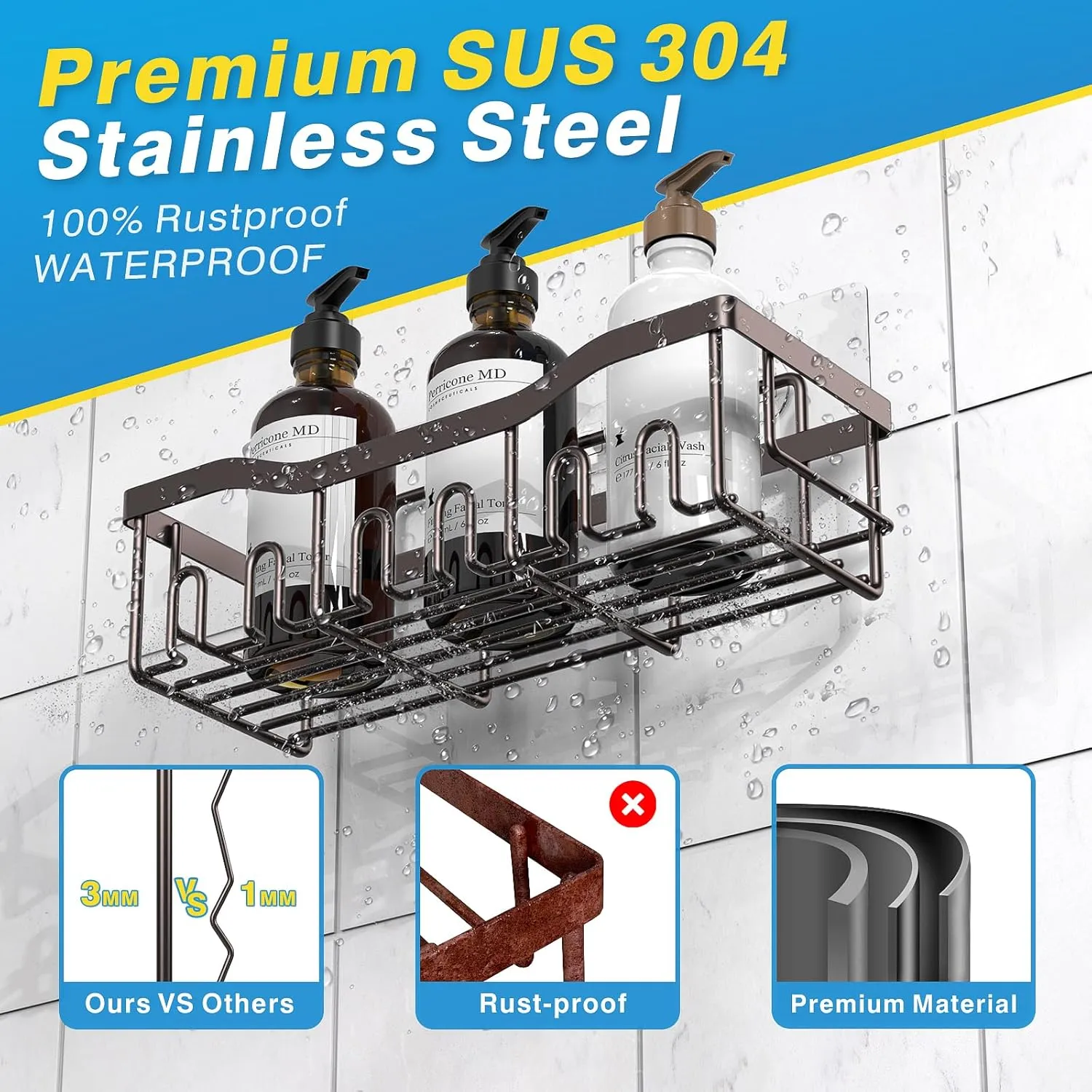 5-Pack Rustproof Stainless Steel Shower Caddy – No Drill Adhesive Bathroom Organizer with Large Capacity, Spacious Shower Shelves for Inside Shower, Kitchen & Home Decor Storage