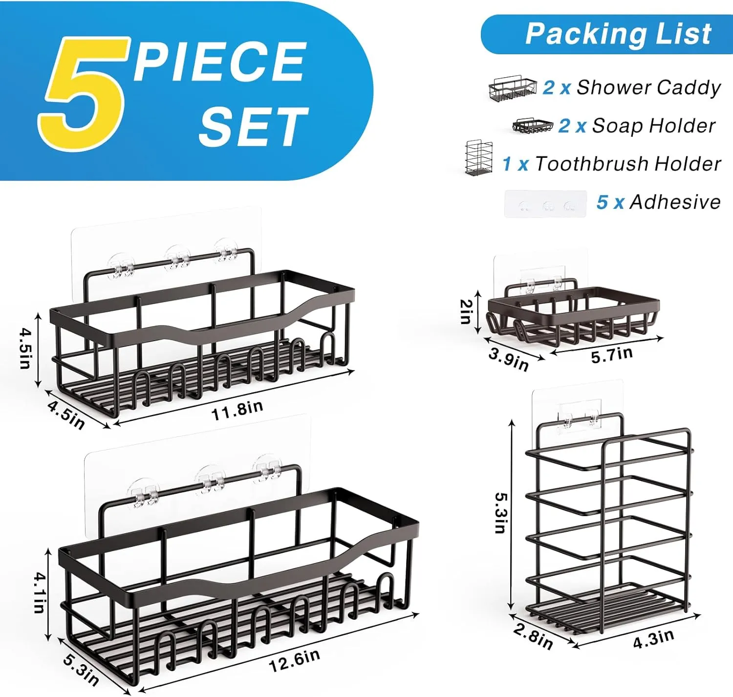 5-Pack Rustproof Stainless Steel Shower Caddy – No Drill Adhesive Bathroom Organizer with Large Capacity, Spacious Shower Shelves for Inside Shower, Kitchen & Home Decor Storage