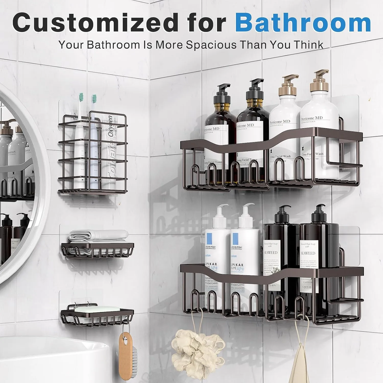 5-Pack Rustproof Stainless Steel Shower Caddy – No Drill Adhesive Bathroom Organizer with Large Capacity, Spacious Shower Shelves for Inside Shower, Kitchen & Home Decor Storage