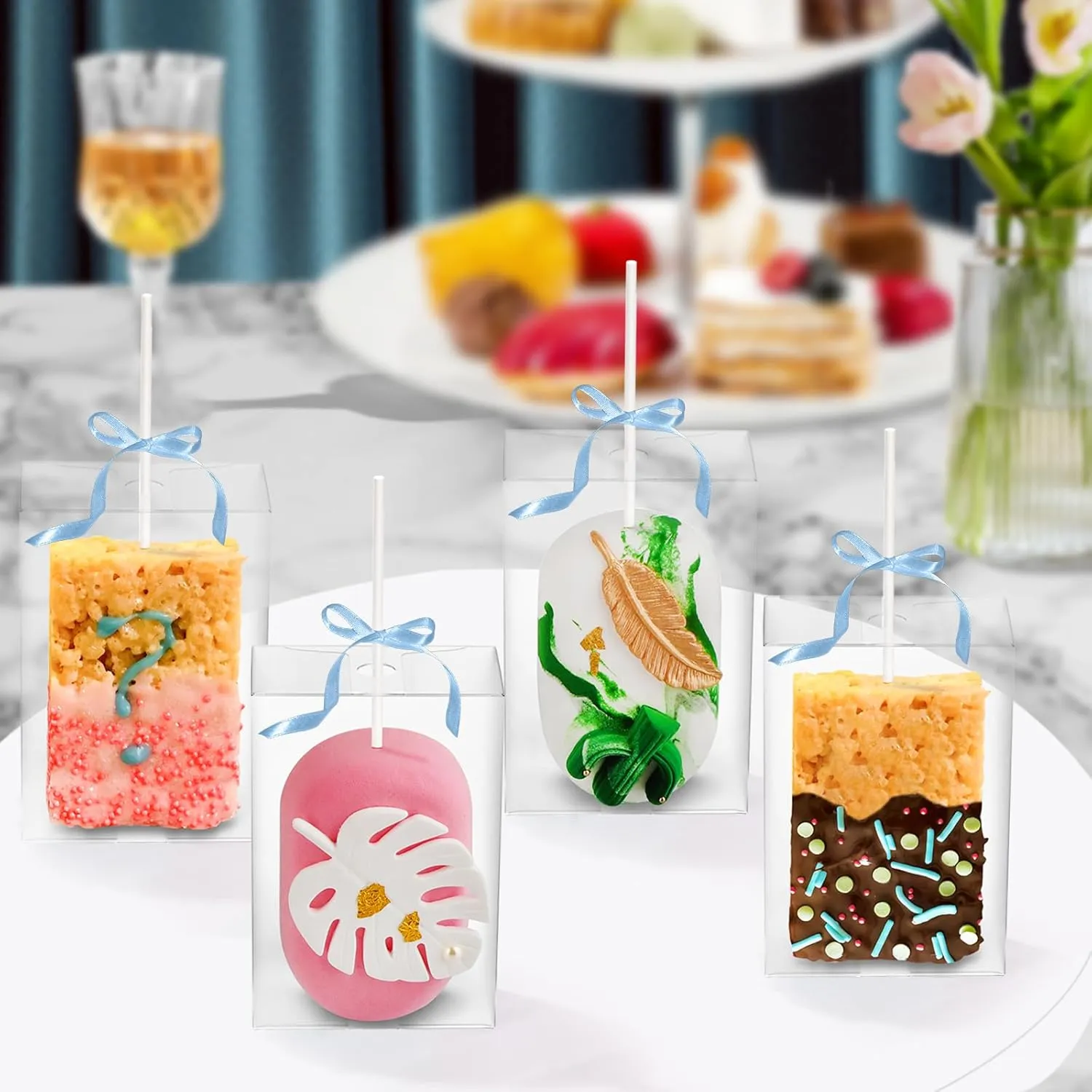 50 Pack Rice Krispy Treats Boxes with Sticks Kit: Clear Plastic Container with Hole for Small Cakesicles, Marshmallow Square, Cake Pop, Crispy Treat Packaging Holder for Wedding Party Christmas