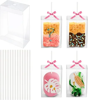 50 Pack Rice Krispy Treats Boxes with Sticks Kit: Clear Plastic Container with Hole for Small Cakesicles, Marshmallow Square, Cake Pop, Crispy Treat Packaging Holder for Wedding Party Christmas