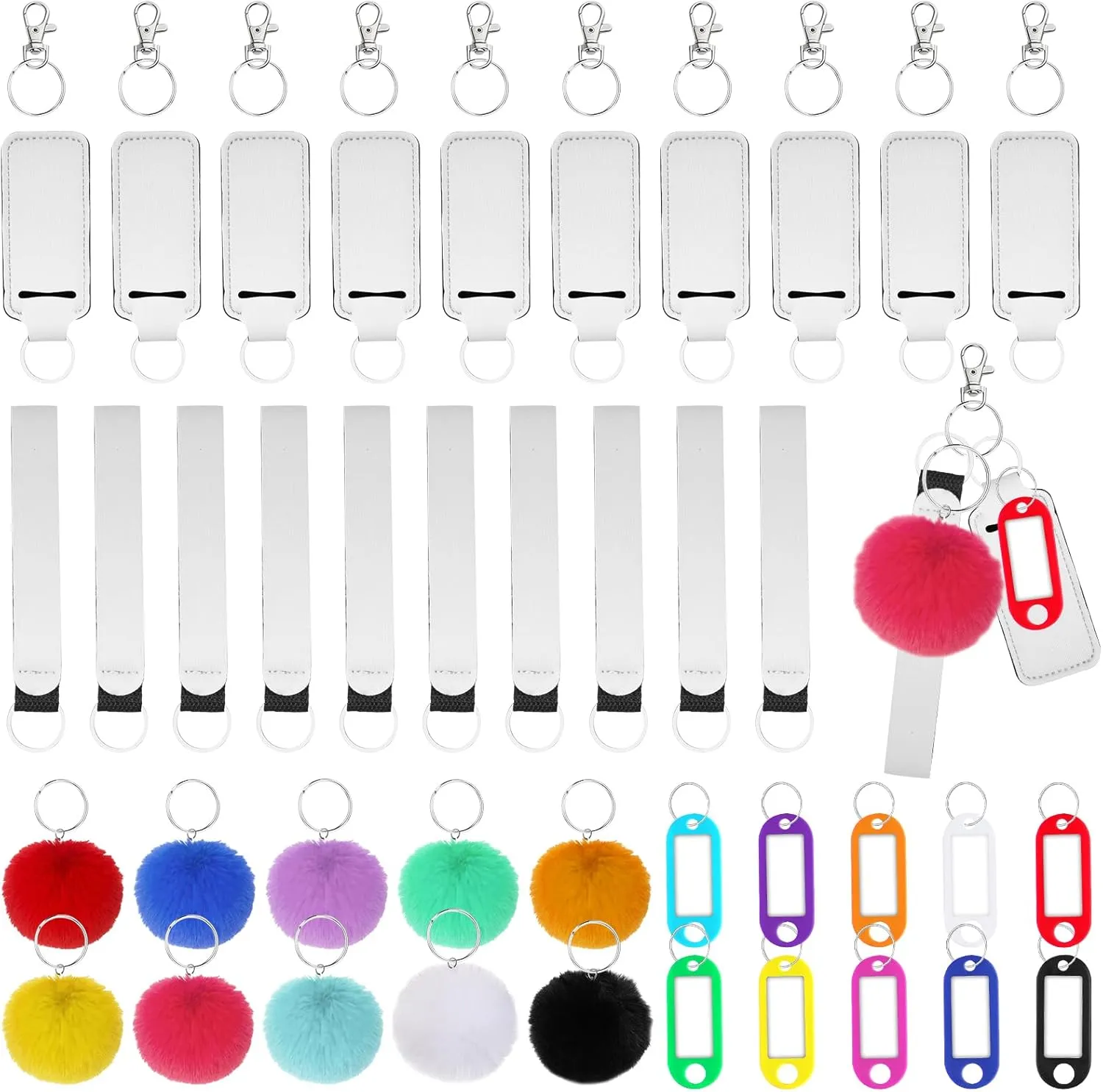 50 Pcs Sublimation Blanks Lipstick Holder Keychain Blanks Wristlet Keychain Lanyard Set with Fluffy Ball Pom Accessory and Metal Keychains for Women Girls DIY Purse Handbag