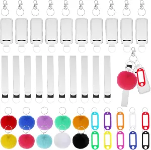 50 Pcs Sublimation Blanks Lipstick Holder Keychain Blanks Wristlet Keychain Lanyard Set with Fluffy Ball Pom Accessory and Metal Keychains for Women Girls DIY Purse Handbag