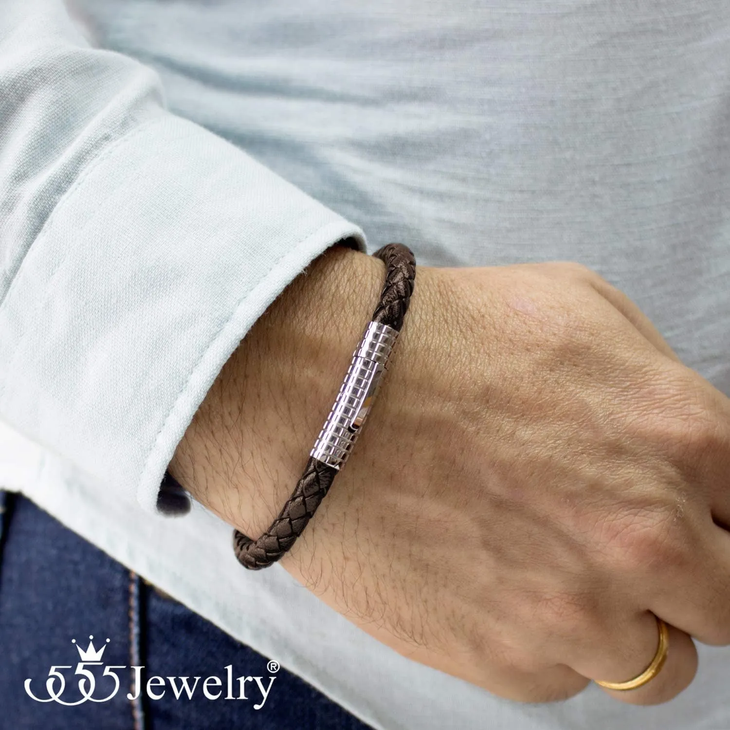 555Jewelry Stainless Steel Ribbed Clasp Braided Black Leather Bracelet for Men