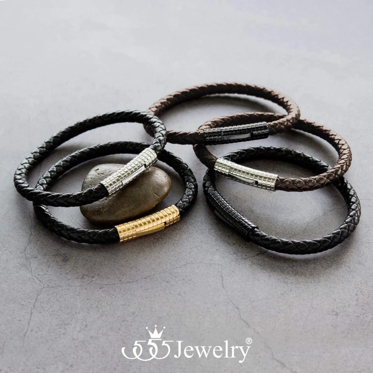 555Jewelry Stainless Steel Ribbed Clasp Braided Black Leather Bracelet for Men