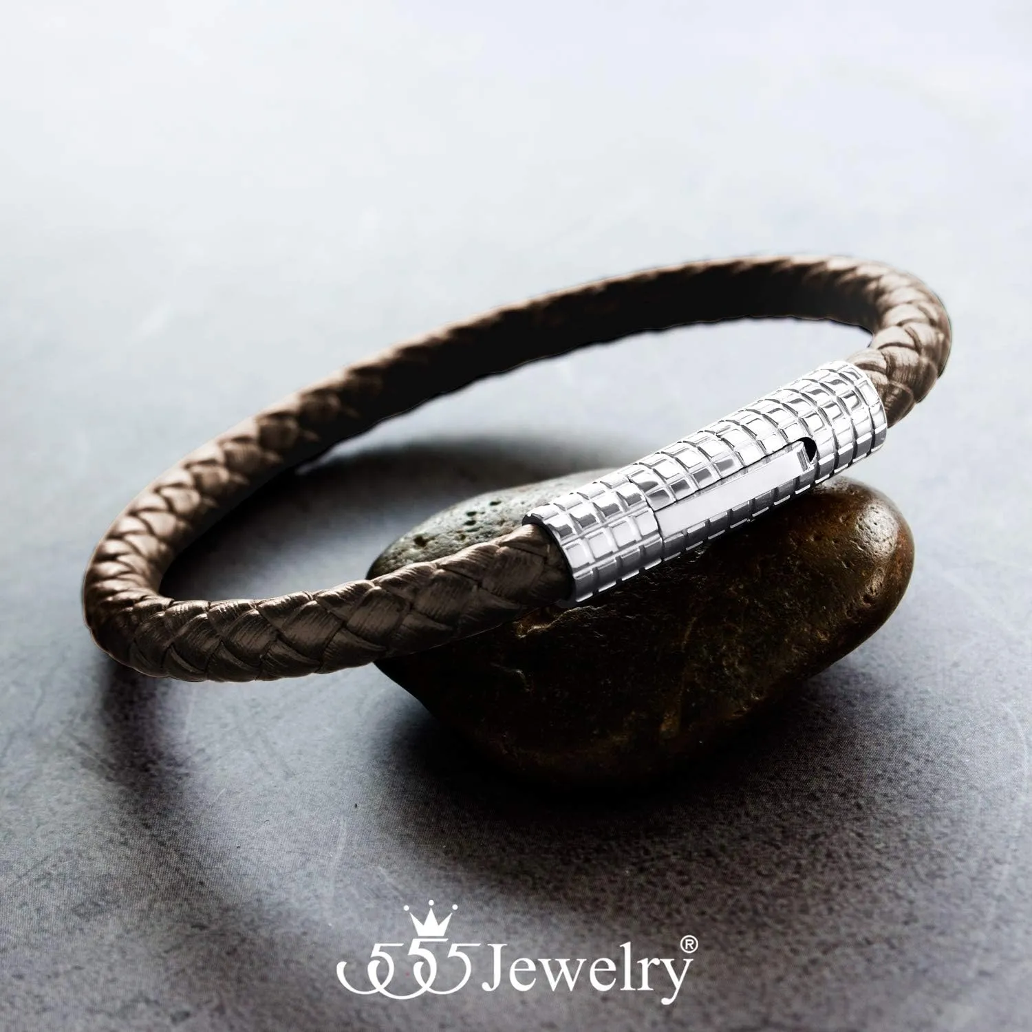 555Jewelry Stainless Steel Ribbed Clasp Braided Black Leather Bracelet for Men