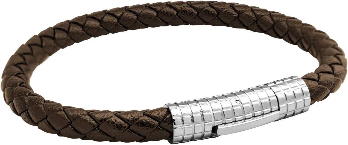 555Jewelry Stainless Steel Ribbed Clasp Braided Black Leather Bracelet for Men