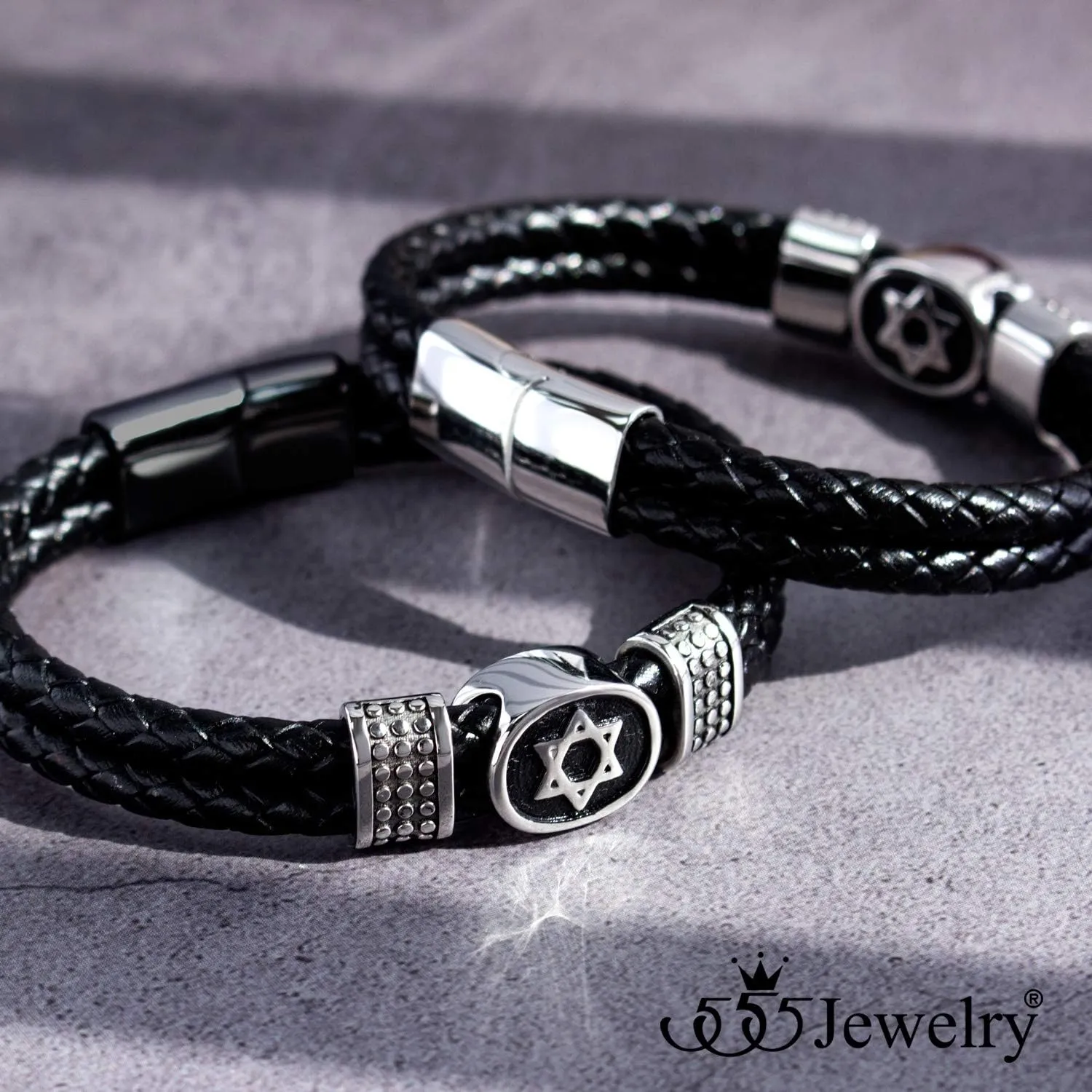555Jewelry Stainless Steel Star of David Braided Leather Hypoallergenic Bracelet for Men, Size 8 & 9 Inch