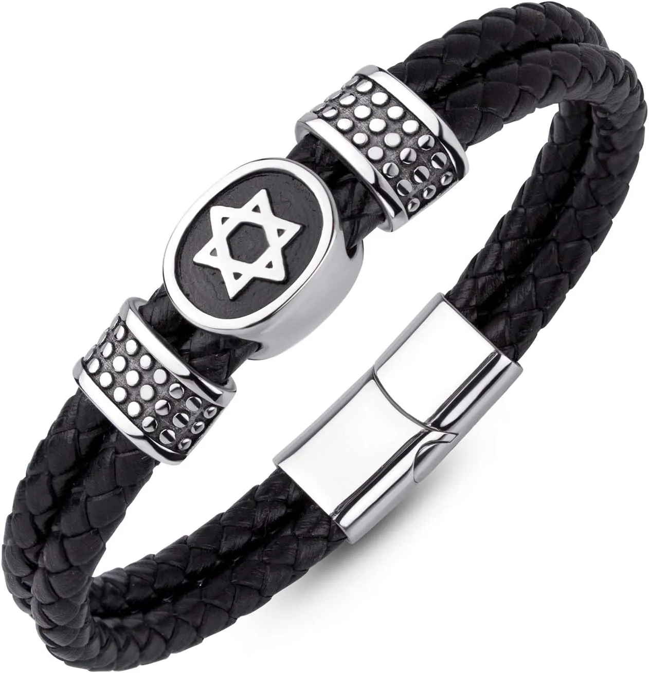555Jewelry Stainless Steel Star of David Braided Leather Hypoallergenic Bracelet for Men, Size 8 & 9 Inch