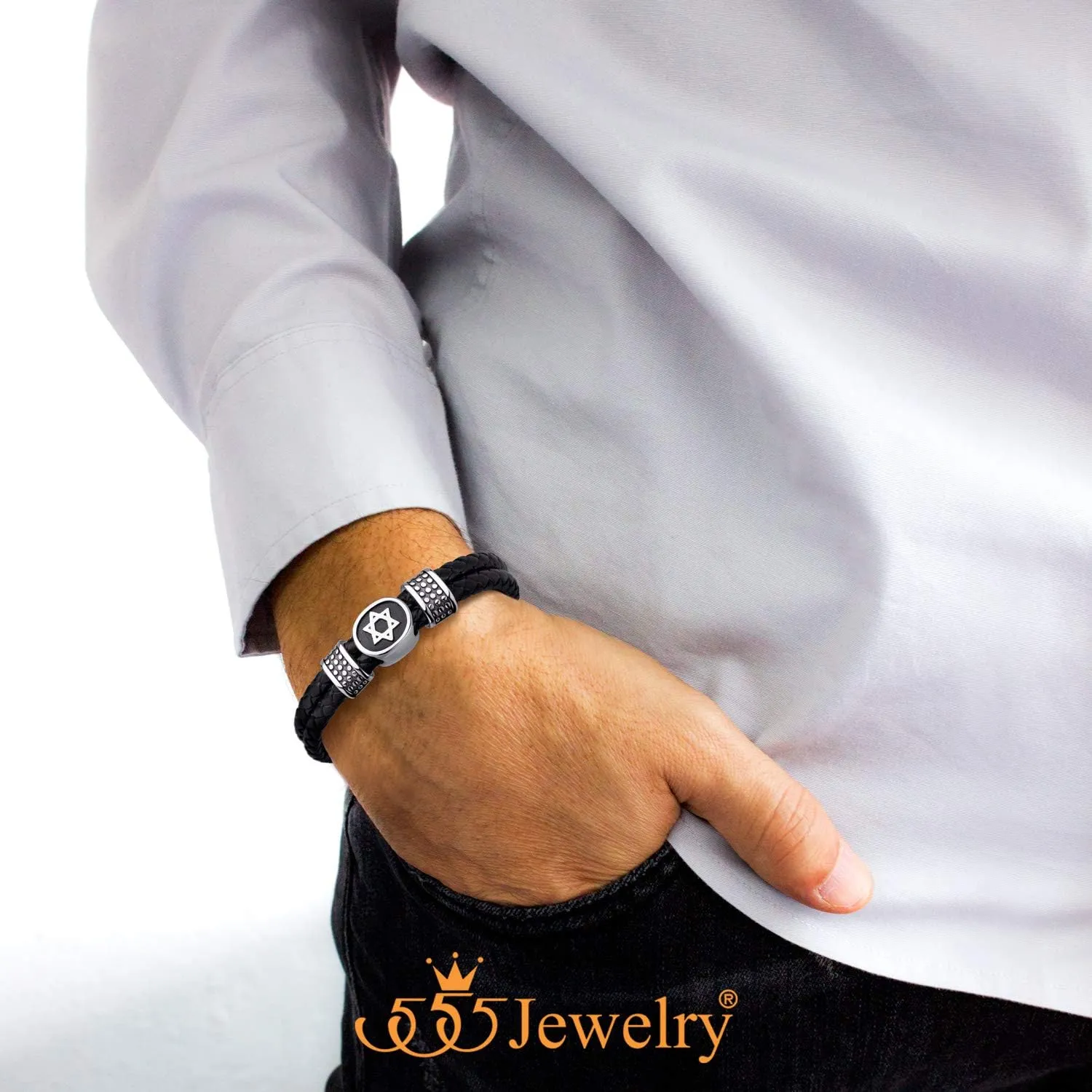 555Jewelry Stainless Steel Star of David Braided Leather Hypoallergenic Bracelet for Men, Size 8 & 9 Inch