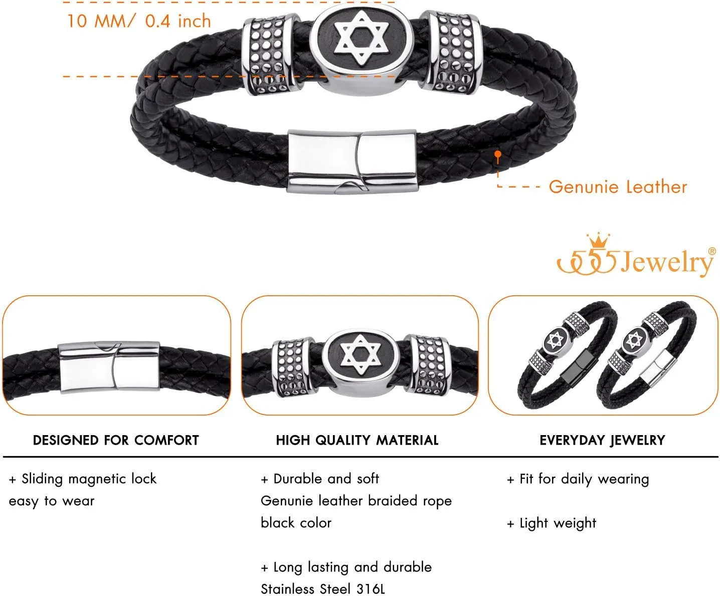 555Jewelry Stainless Steel Star of David Braided Leather Hypoallergenic Bracelet for Men, Size 8 & 9 Inch
