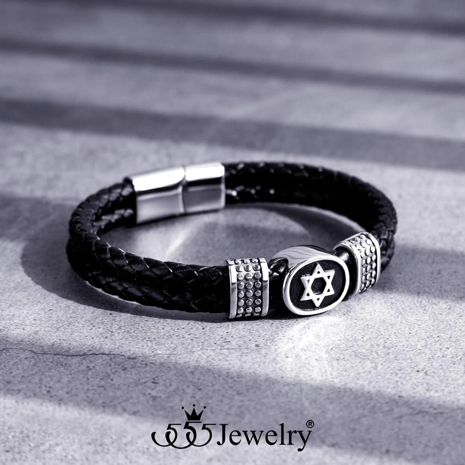 555Jewelry Stainless Steel Star of David Braided Leather Hypoallergenic Bracelet for Men, Size 8 & 9 Inch