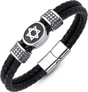 555Jewelry Stainless Steel Star of David Braided Leather Hypoallergenic Bracelet for Men, Size 8 & 9 Inch