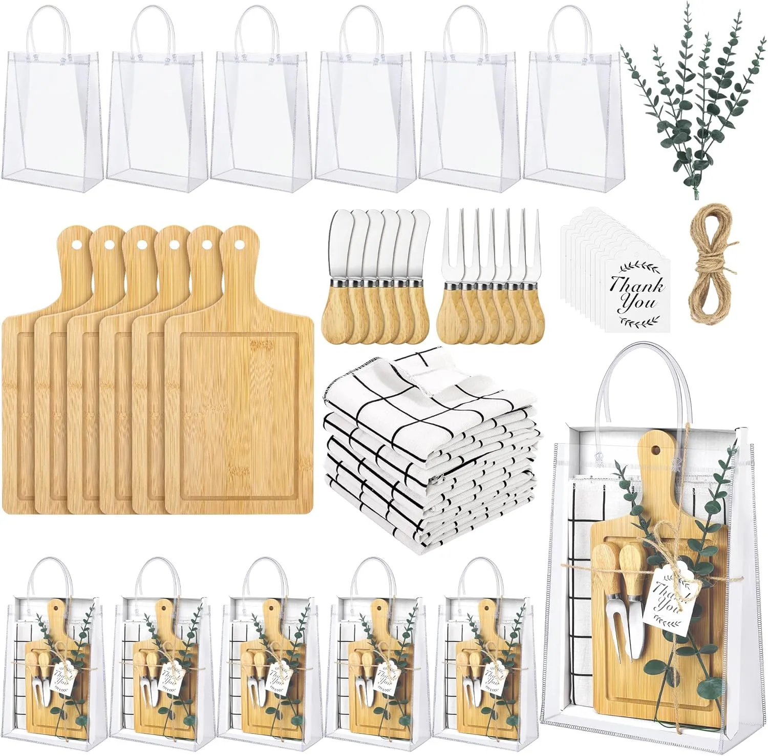 6 Sets Baby Shower Prizes for Game Winners Square Wood Cheese Board Gift with Knives Spoons Gift Bags Kitchen Towels Bridal Shower Party Favors for Guests