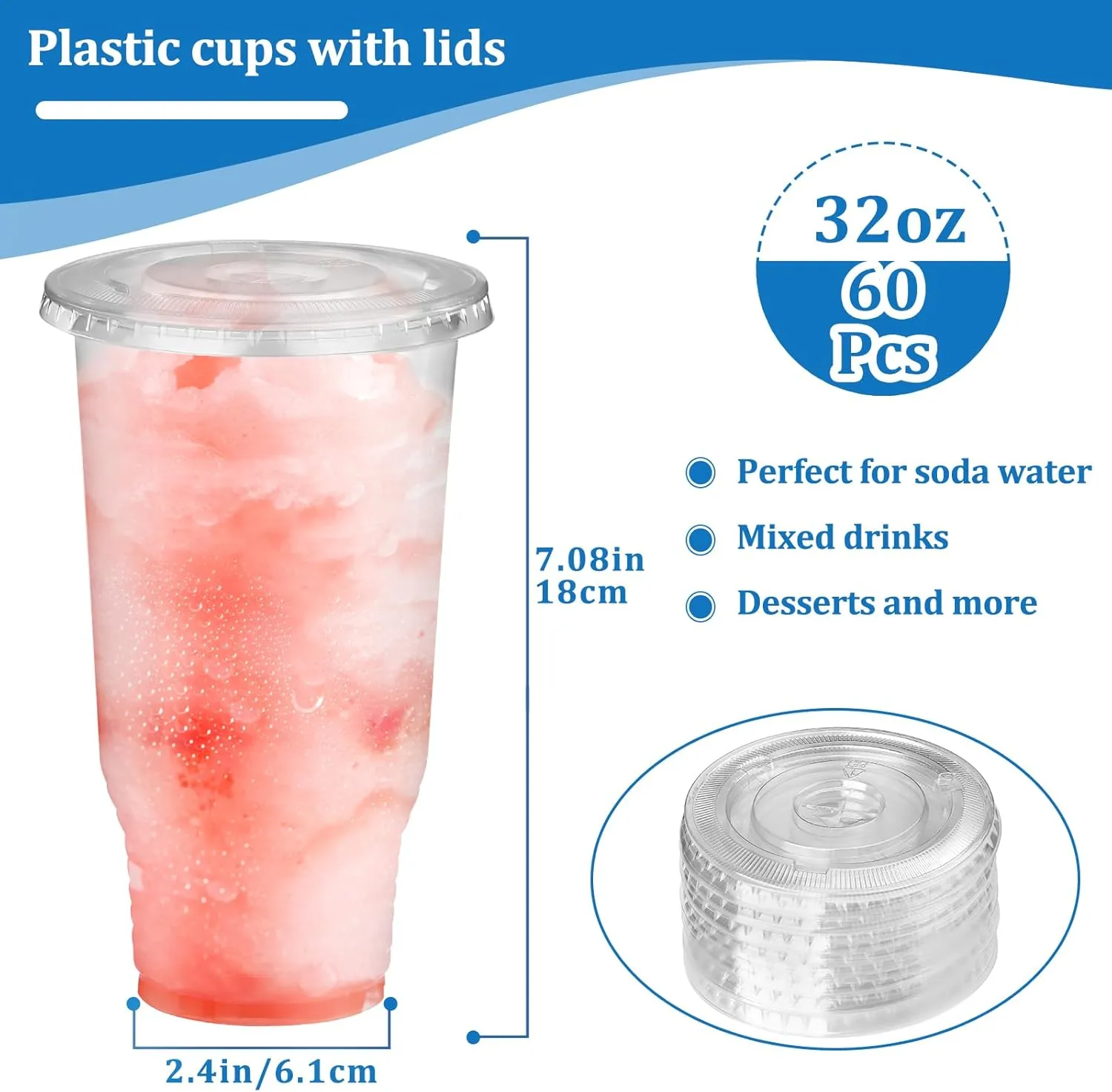 60 Pack 32 oz Clear Plastic Cups, Disposable Plastic Cups with Lids, Plastic Party Cups, Transparent Plastic Cups for Coffee Milkshake Wedding Birthday Party Picnics