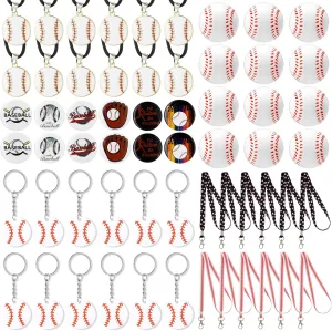 60 Pcs Baseball Party Favors Gift Set, Baseball Stress Ball Acrylic Keychain Themed Lanyard Button Badges Necklace Gift Bulk for Party Decorations