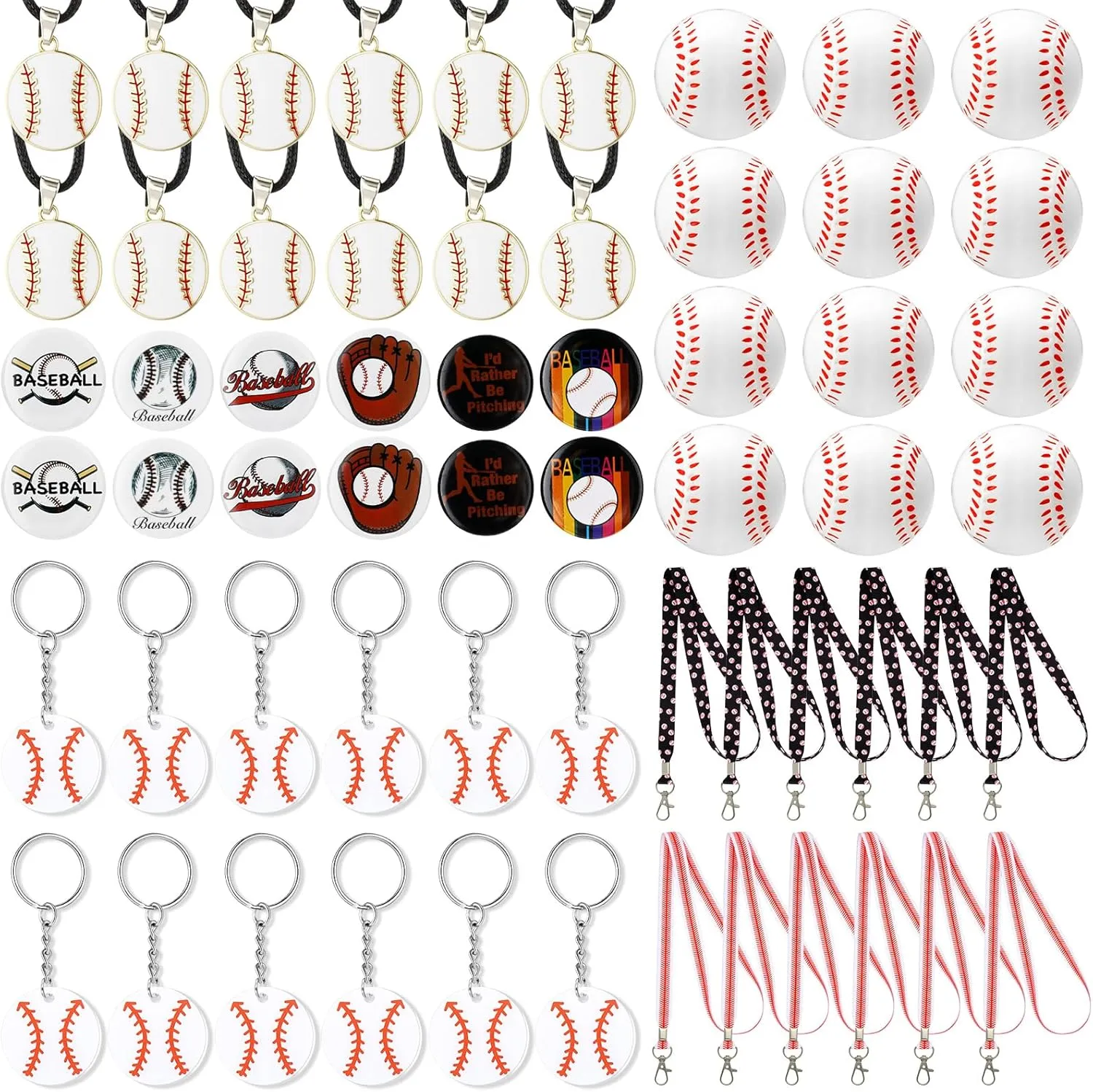 60 Pcs Baseball Party Favors Gift Set, Baseball Stress Ball Acrylic Keychain Themed Lanyard Button Badges Necklace Gift Bulk for Party Decorations