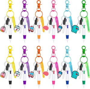 60 Pieces Mini Highlighter Nurse Pens for Badge Reel Pens Include 12 Tip Highlighter 12 Permanent Marker Pen and 12 Retractable Ball Pen with 12 Nursing Keychain Clip