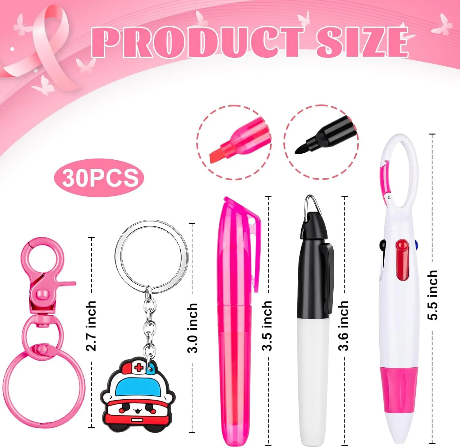 60 Pieces Mini Highlighter Nurse Pens for Badge Reel Pens Include 12 Tip Highlighter 12 Permanent Marker Pen and 12 Retractable Ball Pen with 12 Nursing Keychain Clip