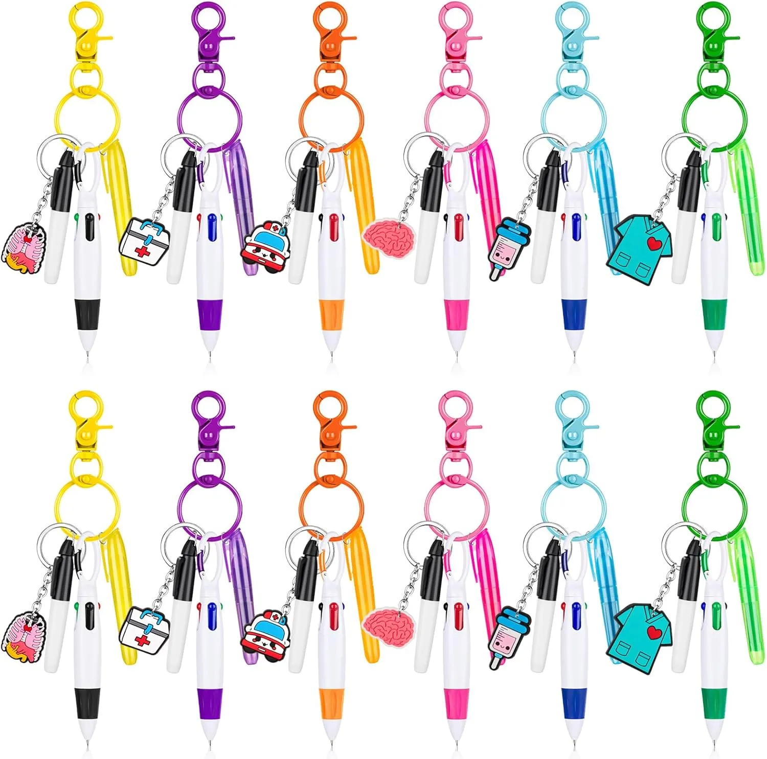 60 Pieces Mini Highlighter Nurse Pens for Badge Reel Pens Include 12 Tip Highlighter 12 Permanent Marker Pen and 12 Retractable Ball Pen with 12 Nursing Keychain Clip