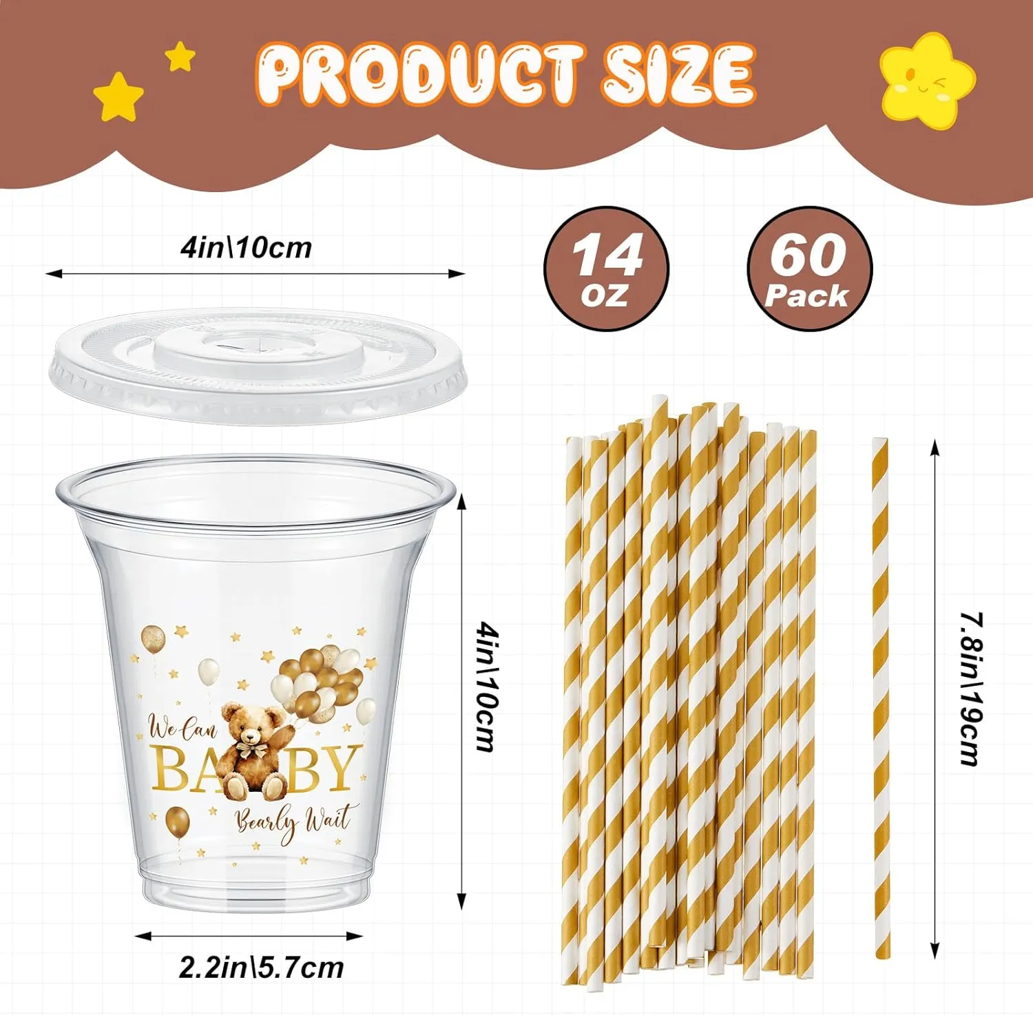 60 Set Plastic Cups Baby Shower Themed 14 oz Disposable Clear Cups with Lids and Paper Straws for Baby Shower Themed Party Favor Supplies Decorations