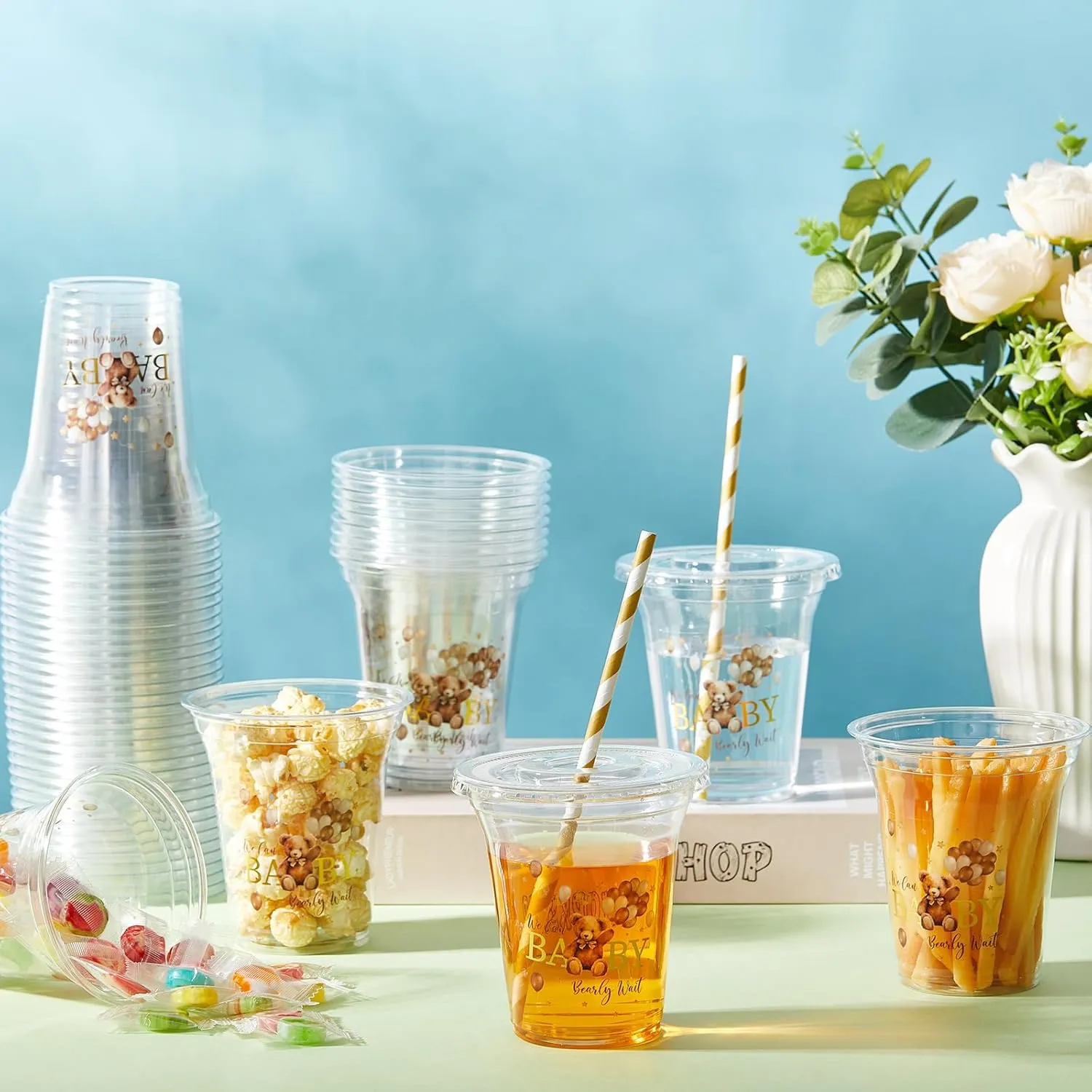 60 Set Plastic Cups Baby Shower Themed 14 oz Disposable Clear Cups with Lids and Paper Straws for Baby Shower Themed Party Favor Supplies Decorations
