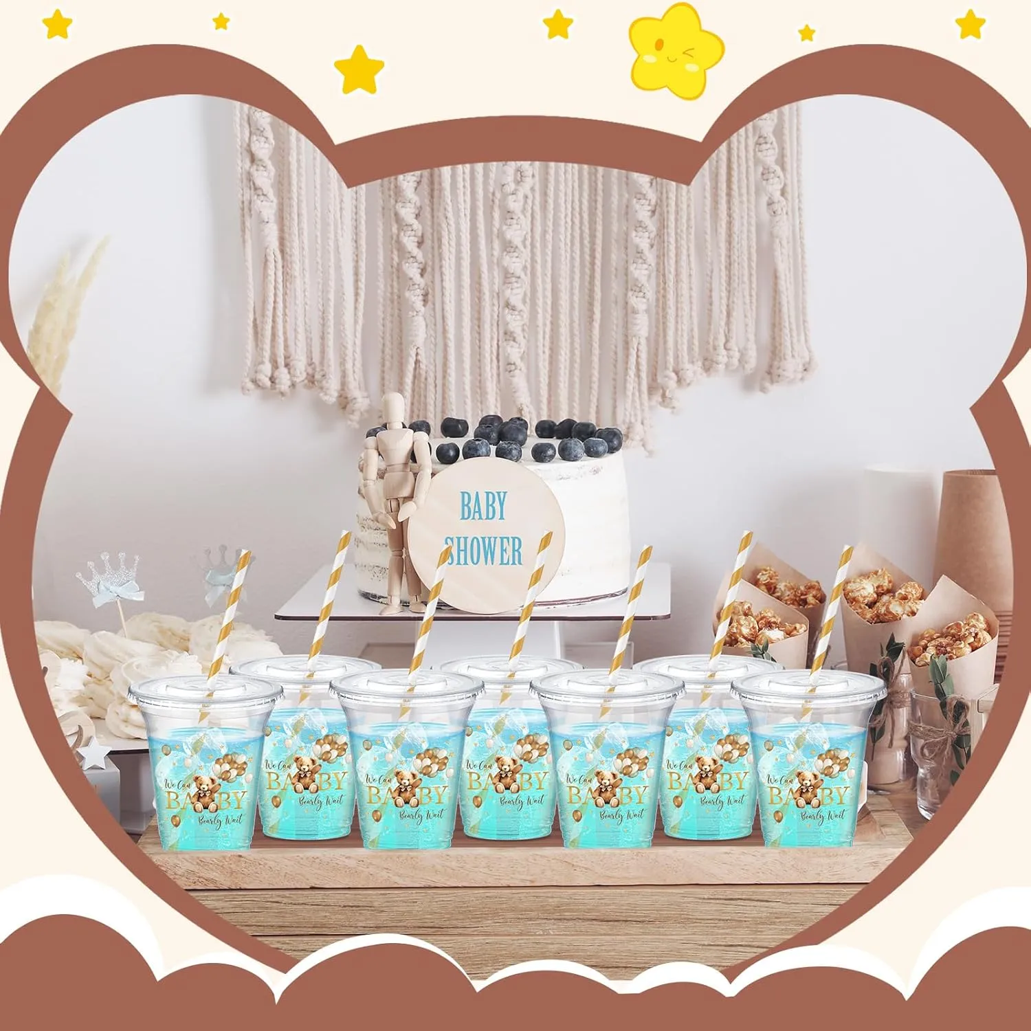 60 Set Plastic Cups Baby Shower Themed 14 oz Disposable Clear Cups with Lids and Paper Straws for Baby Shower Themed Party Favor Supplies Decorations