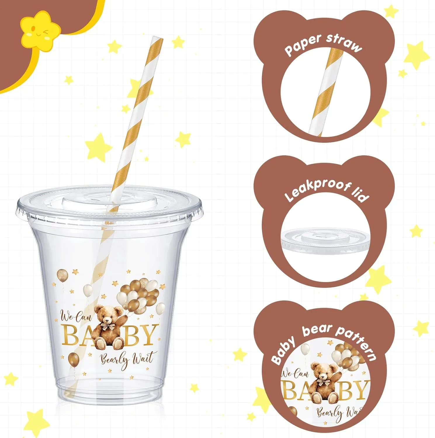 60 Set Plastic Cups Baby Shower Themed 14 oz Disposable Clear Cups with Lids and Paper Straws for Baby Shower Themed Party Favor Supplies Decorations