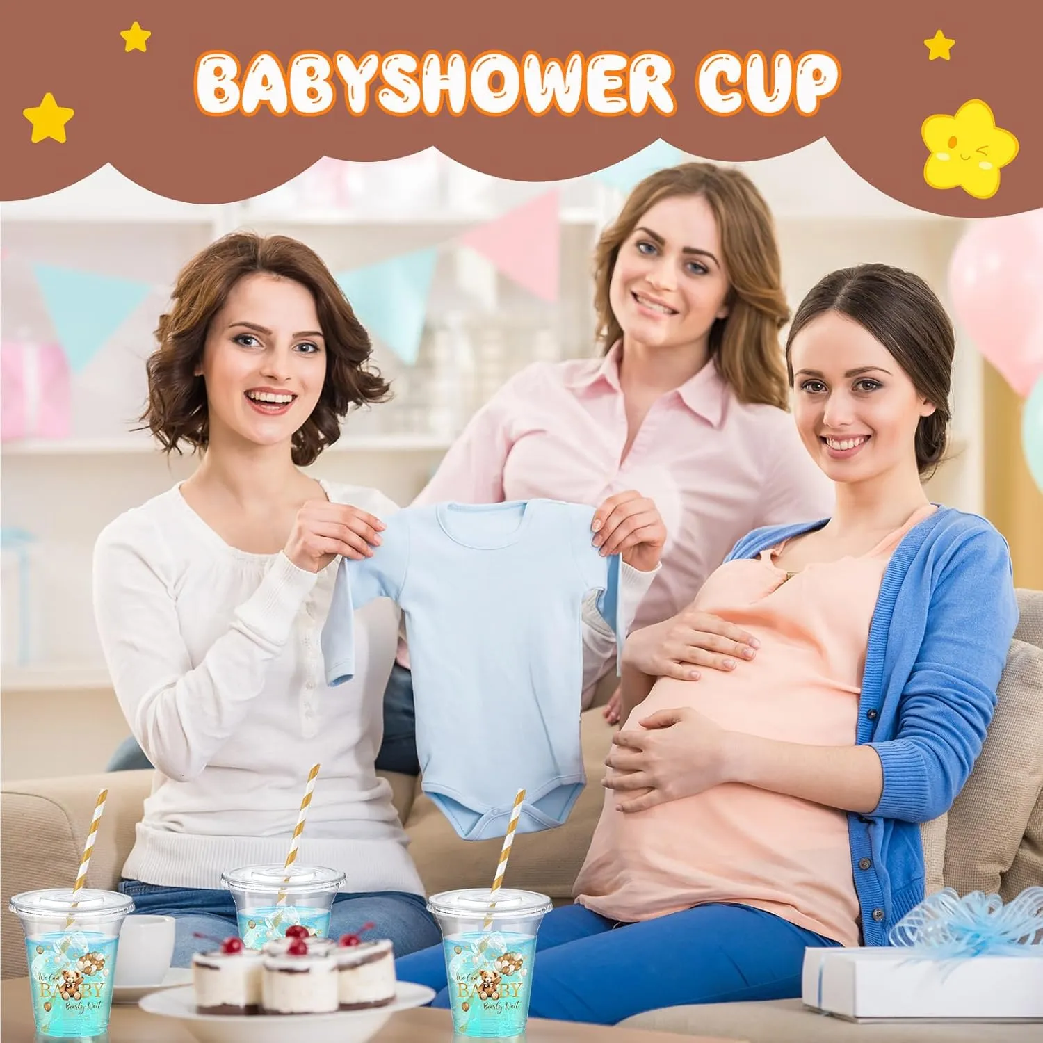 60 Set Plastic Cups Baby Shower Themed 14 oz Disposable Clear Cups with Lids and Paper Straws for Baby Shower Themed Party Favor Supplies Decorations