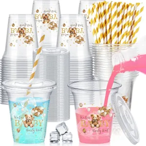 60 Set Plastic Cups Baby Shower Themed 14 oz Disposable Clear Cups with Lids and Paper Straws for Baby Shower Themed Party Favor Supplies Decorations