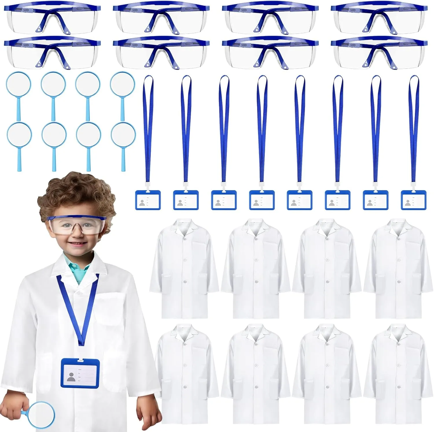 8 Set 32 Pcs White Kids Lab Coats Bulk Included Goggle Magnifying Glass ID Card Doctor Scientist Costume for Kids Lab Coat Children Dress Up for Boys Girls Science Project Career Day Role Play