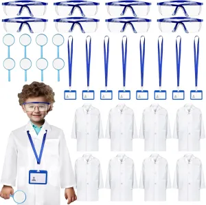 8 Set 32 Pcs White Kids Lab Coats Bulk Included Goggle Magnifying Glass ID Card Doctor Scientist Costume for Kids Lab Coat Children Dress Up for Boys Girls Science Project Career Day Role Play