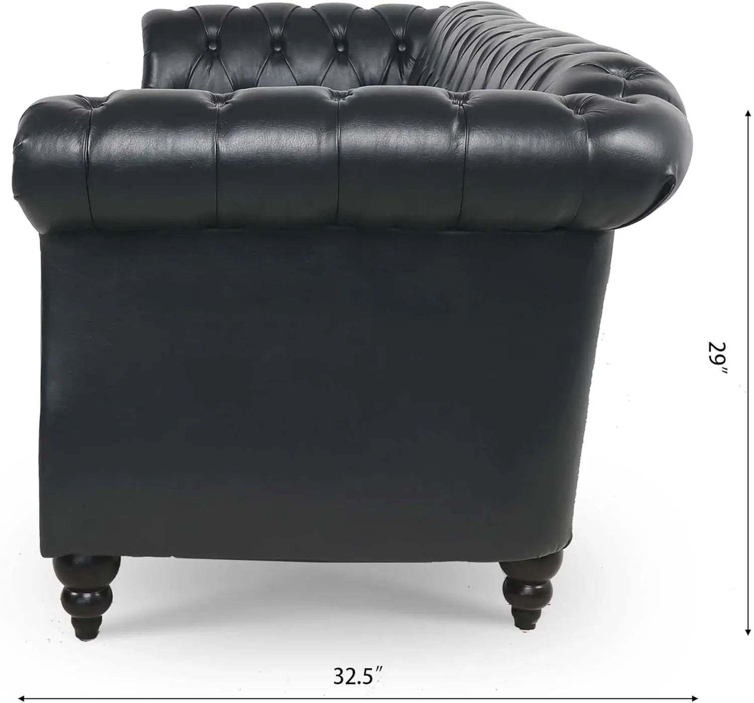84" PU Rolled Arm Chesterfield 3 Seater Sofa Black, Mid Century Modern Couch for Small Spaces
