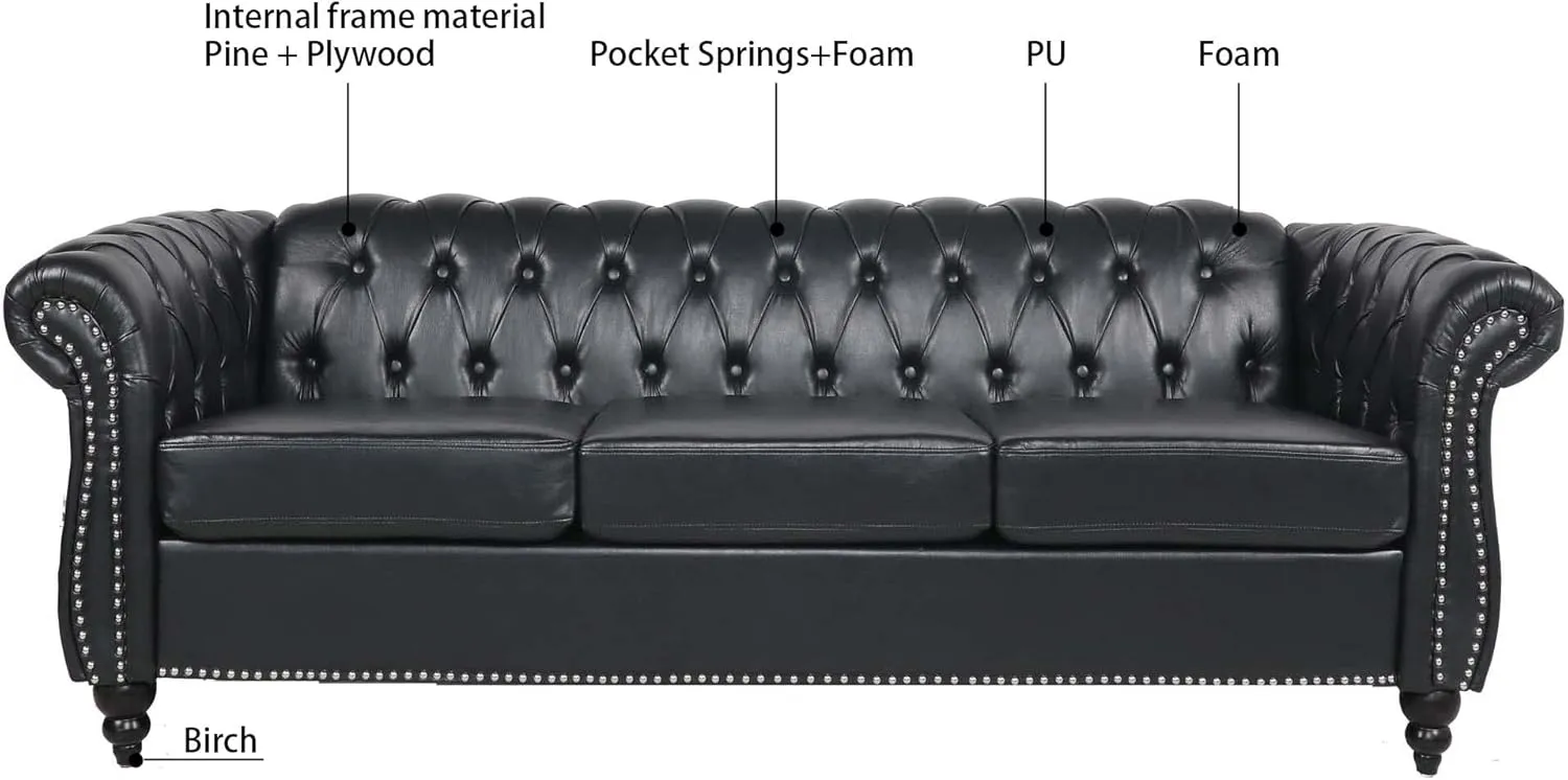84" PU Rolled Arm Chesterfield 3 Seater Sofa Black, Mid Century Modern Couch for Small Spaces