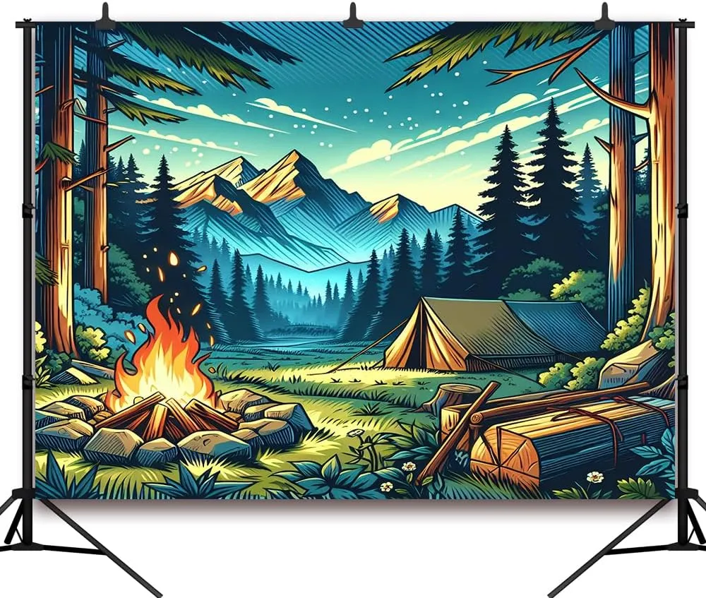 8x6FT Camping Backdrop Campfire Forest Scene Happy Camper Supplies Camping Theme Party Birthday Party Decoration Background